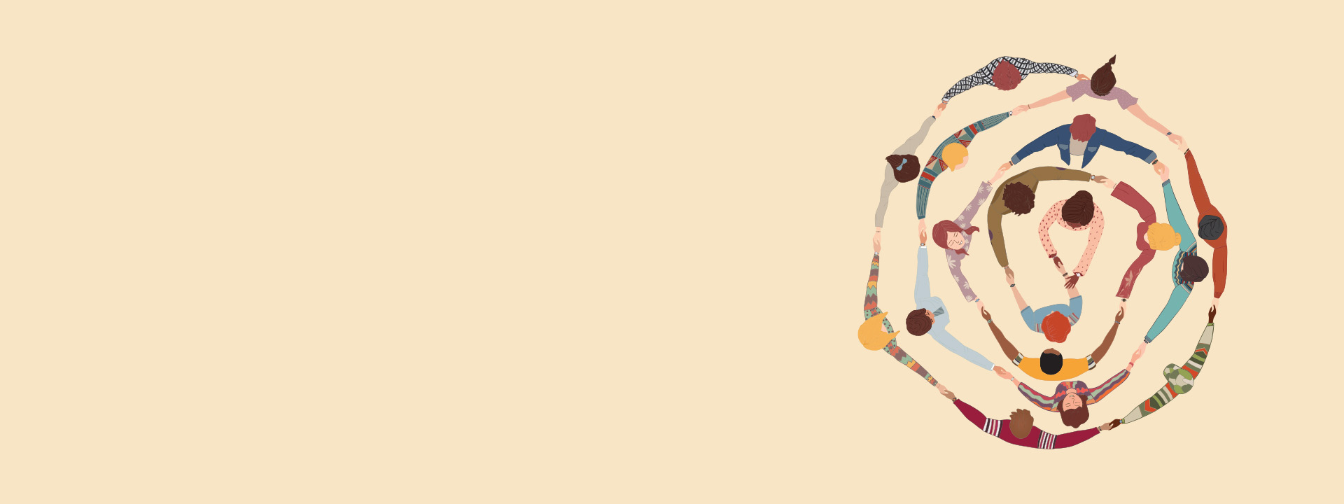 Illustrated overhead view of people in circles holding hands