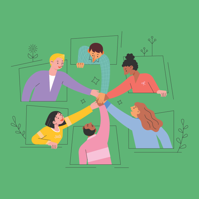 Illustration of six people stacking hands showing teamwork