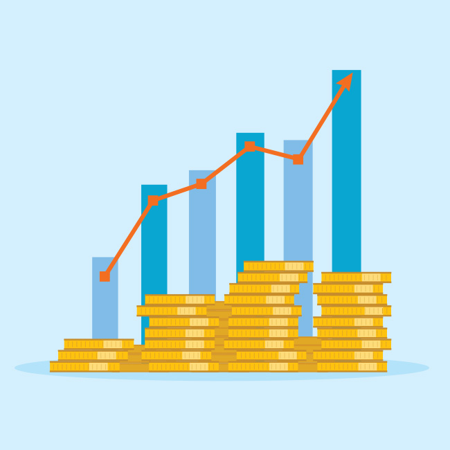 Illustration of stacks of coins in front of a chart showing growth