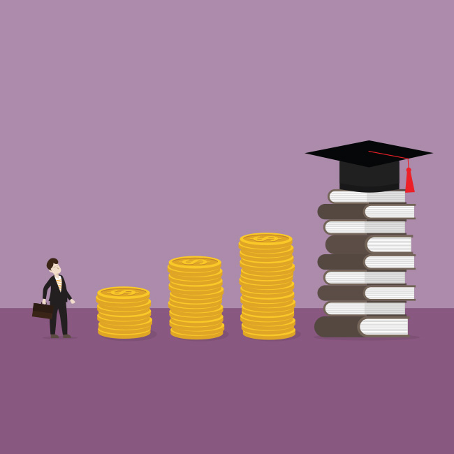 Person looking up at increasingly tall stacks of coins, followed by a stack of books with a graduation hat on top