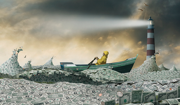 A lighthouse pointing the way for someone rowing in a boat in a sea of money