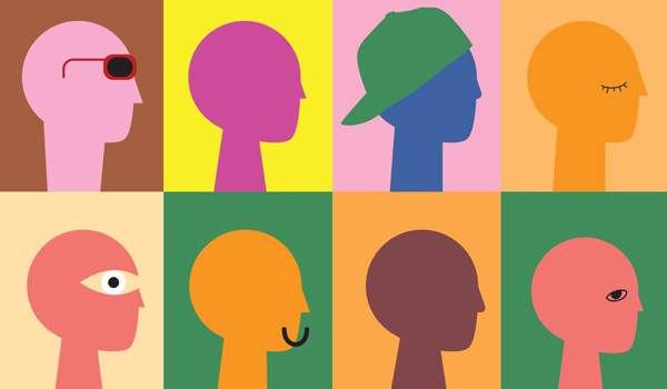 Eight illustrated side profiles of people with varying characteristics and expressions