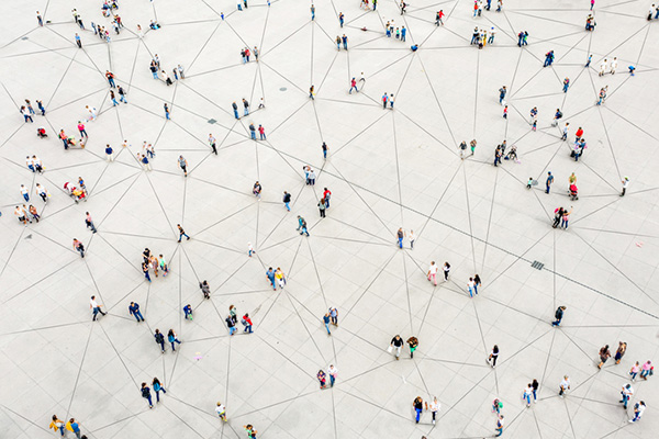 Aerial view of crowd connected by lines